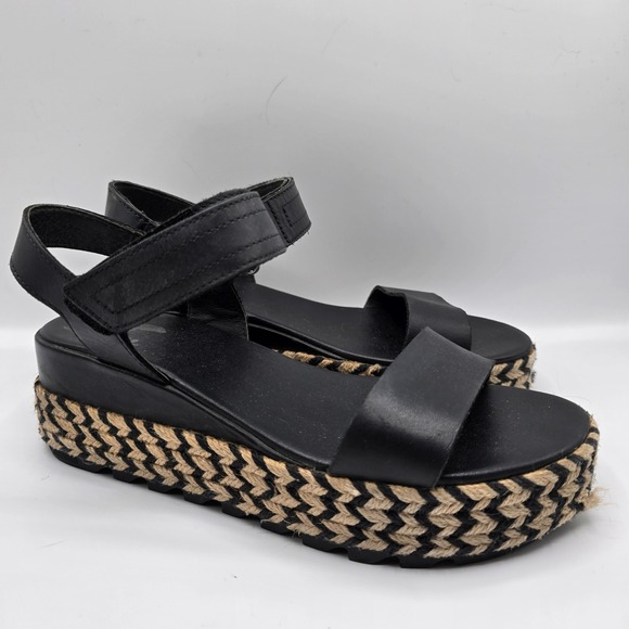 Sorel Black Leather Espadrille Flatform Ankle Strap Platform Sandals 7.5 - Picture 1 of 10